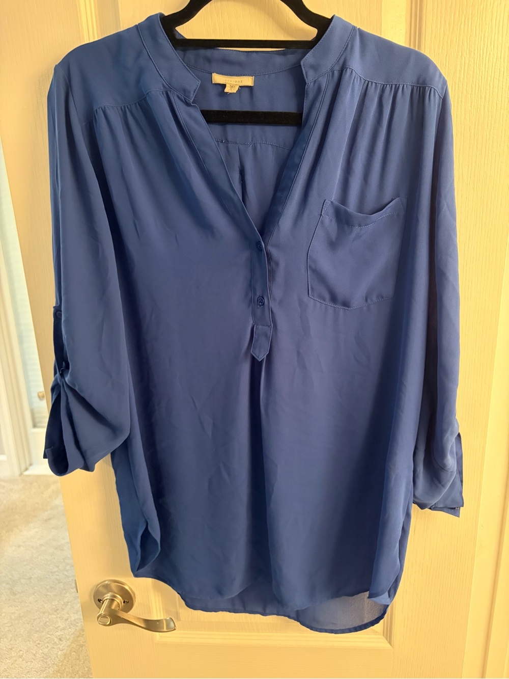 Pleione Royal Blue V-Neck Roll-Tab Sleeve Blouse